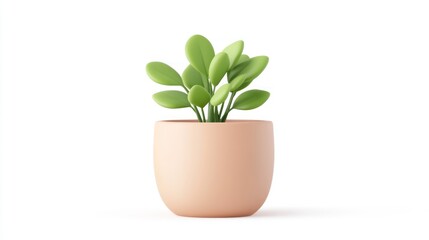 Obraz premium A small potted plant with vibrant green leaves in a light peach pot, isolated on a white background.