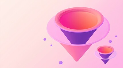 Abstract 3D illustration of two pink and purple cones floating on a pastel background with small spheres.