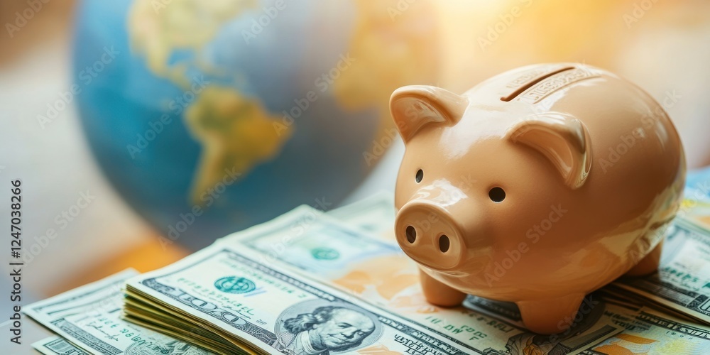 Poster piggy bank on a stack of dollar bills with a blurred globe in the background.