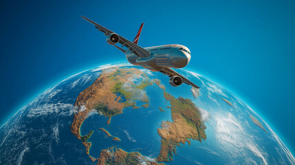 Passenger Airplane Flying Over a Giant Earth globe in a Clear Blue Sky – Surreal Travel Concept