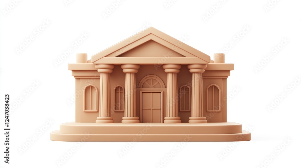 Poster beige 3d model of a classical building with columns and a pediment, isolated on white background.