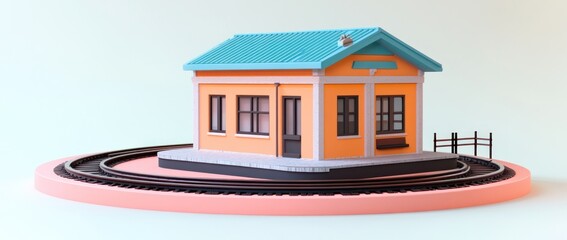 Obraz premium Cute cartoon train station model on tracks.