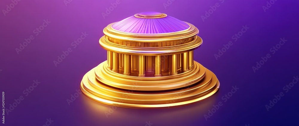Poster 3d render of a golden structure resembling a classical temple on a purple background.