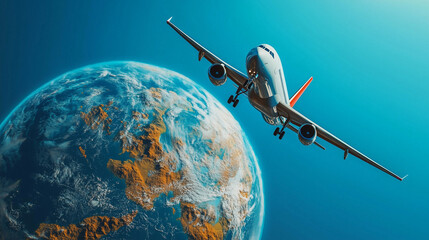 Naklejka premium Passenger Airplane Flying Over a Giant Earth globe in a Clear Blue Sky – Surreal Travel Concept