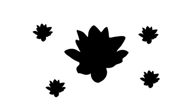 Zoom in and out animation the lotus symbol. Large black symbol in the center and four small symbols around. Seamless looped 4k animation on white background