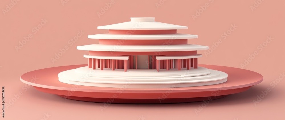 Aufkleber minimalist 3d rendering of a tiered building on a platform.