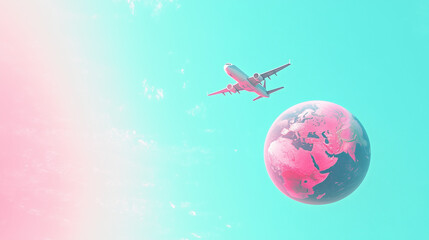 Passenger Airplane Flying Over a Giant Earth globe in a Clear Blue Sky &ndash; Surreal Travel Concept