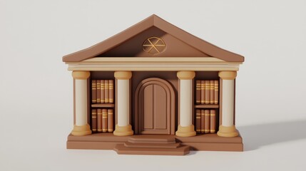 3D render of a classic library building with columns, bookshelves, and a pediment.
