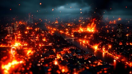 Fototapeta premium Night City Inferno Aerial View