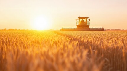 Fototapeta premium Golden wheat field at sunset with combine harvester for agricultural harvesting concepts