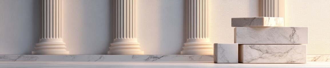 Marble cubes and columns in a minimalist setting.