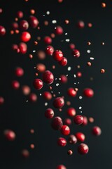 Red berries and spices levitate against a dark background.