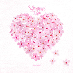 floral heart with cherry blossom and flying pink flowers. happy valentine day