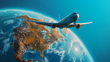 Fototapeta premium Passenger Airplane Flying Over a Giant Earth globe in a Clear Blue Sky – Surreal Travel Concept