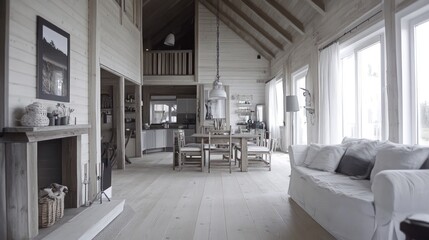 Fototapeta premium Spacious light wood cabin interior with open plan living, dining, and kitchen areas.