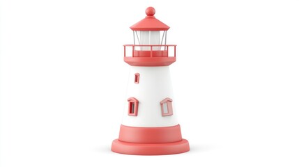 A cute cartoon lighthouse, red and white, isolated on white background.