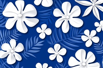 Fototapeta premium White Flower Pattern on Blue Background - A vibrant design showcasing white flowers and leaves against a deep blue backdrop, perfect for adding a fresh touch to any project.