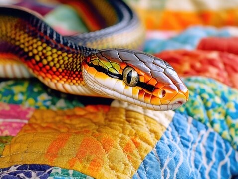 A python snake lying on a quilt with a vibrant texture.