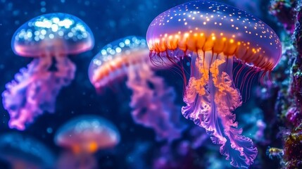 Obraz premium A vibrant underwater scene featuring glowing jellyfish, showcasing their colorful tentacles and ethereal movement against a dark blue background.