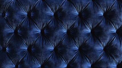 Fototapeta premium Close up of a sophisticated navy blue velvet fabric featuring an elegant, tufted diamond pattern.