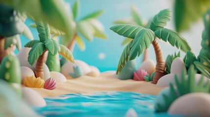 Idyllic cartoon beach scene with palm trees, sand, and ocean.