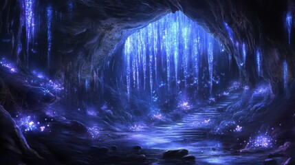 A mystical cave illuminated by glowing blue crystals, creating a serene and enchanting atmosphere.