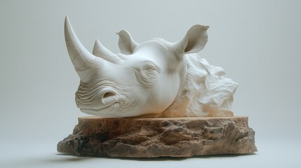 White rhinoceros head sculpture on wooden base.