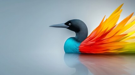Fototapeta premium Colorful Bird with Vibrant Feathers - A stylized illustration of a bird with a colorful tail featuring vibrant hues of orange, red, and yellow against a soft blue background.