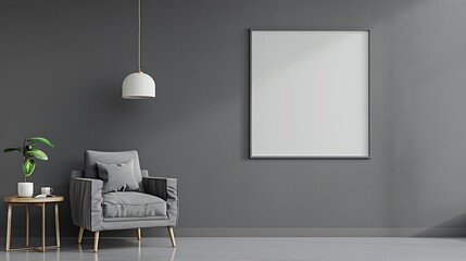 Gray interior with armchair, side table, hanging lamp, and blank wall. Clean and minimalist design.
