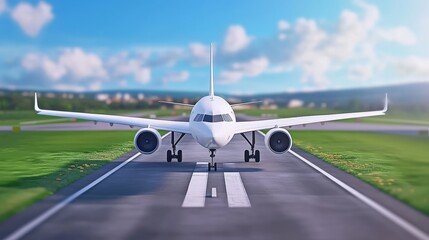 White Jet Airplane on Runway with Blue Sky - A sleek white jet airplane prepares for takeoff on a runway under a bright blue sky, surrounded by lush green grass and fluffy clouds, symbolizing travel