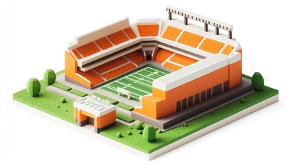Isometric low-poly model of an orange and white football stadium with green field and trees.