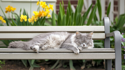 Obraz premium A fluffy gray cat peacefully sleeping on a park bench surrounded by vibrant yellow flowers and lush greenery.