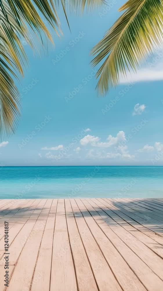 Poster relaxing view of a tropical beach from a resort deck, showcasing palm trees and serene ocean waves i