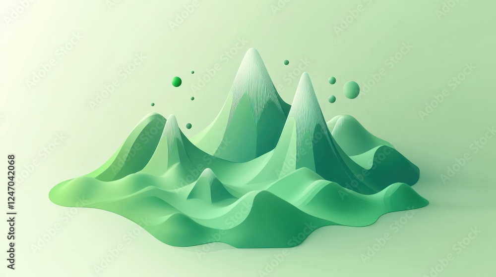 Aufkleber abstract 3d rendering of stylized green mountains and floating spheres.