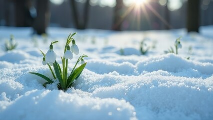 Delicate Snowdrops in the Snow