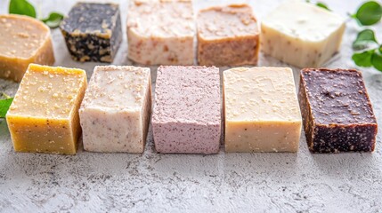 Assorted handmade soaps, closeup view, light background, for sale online