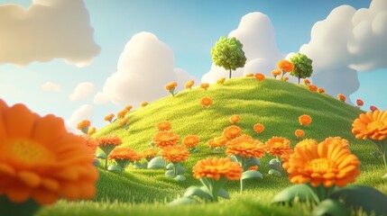 Cartoon hill with orange flowers, green grass, and trees under a sunny sky.