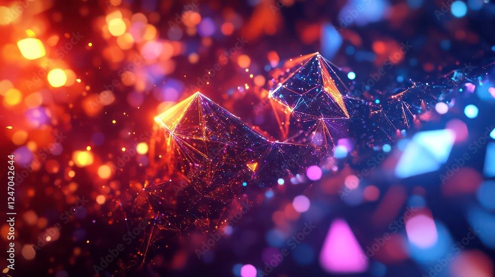 Poster a 3d illustration of a polygonal mesh with bright flashes, representing artificial neural networks, 