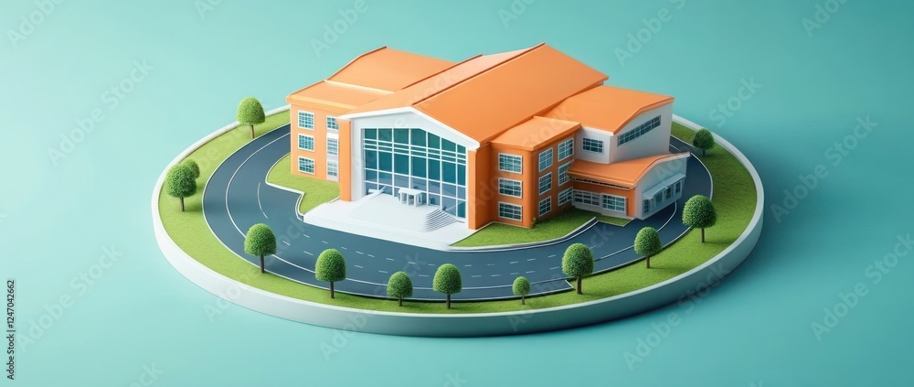 Aufkleber isometric view of a modern building with surrounding road and trees on a circular island.