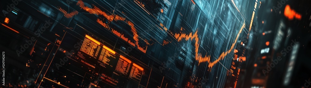 Poster abstract digital data visualization with glowing orange graph line overlaying dark blue tech backgro
