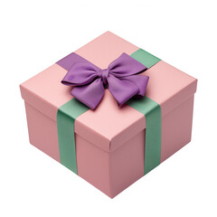 Obraz premium A pink gift box adorned with a purple bow and green ribbon, Transparent Background.