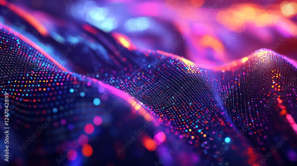 Poster a 3d illustration of a polygonal mesh with bright flashes, representing artificial neural networks, 