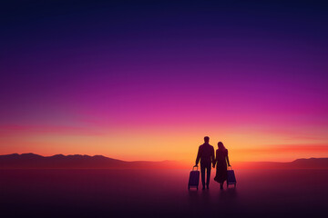 Fototapeta premium Couple with luggage walking towards a colorful sunset over distant mountains