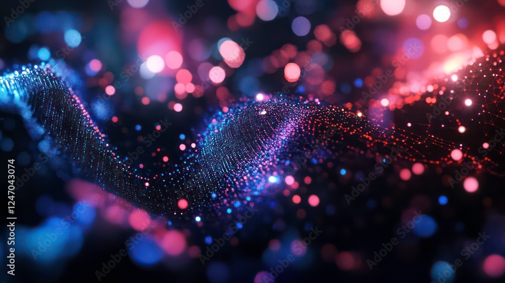 Poster a 3d illustration of a polygonal mesh with bright flashes, representing artificial neural networks, 