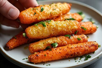 fryers make clean food cooking easy in the kitchen. Roasted carrots topped with herbs on a white plate.