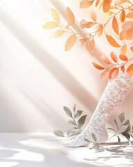 serene composition featuring leg adorned with intricate patterns, surrounded by delicate leaves and soft light, creating calming atmosphere