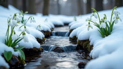 Delicate Snowdrops in a Snowy Landscape
