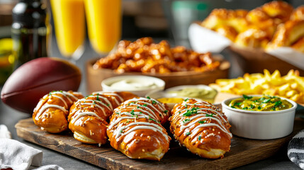 Delicious crab pretzels served with various dipping sauces, perfect for gatherings. Enjoy savory flavors alongside crispy fries and chicken wings for delightful feast