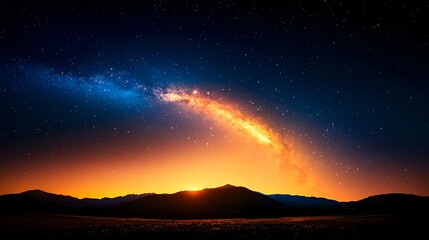 Fototapeta premium Night Sky Landscape with Milky Way and Sunset
