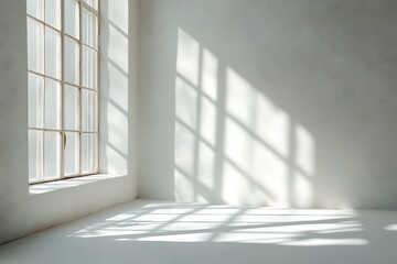 Fototapeta premium A realistic window allows diffused natural light to cast a shadow on a textured wall, resulting in a minimal abstract white background perfect for product displays.